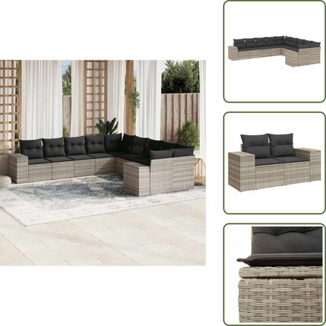 The Living Store 10-tlg. Garten-Sofagarnitur mit Kissen Hellgrau Poly Rattan - Gartensessel (1/5)