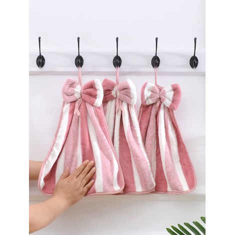 Lot de 3 serviettes de cuisine en polaire coral, motifs de nœuds rayés créatifs, douces et absorbantes, avec boucle d'accrochage. (1/4)