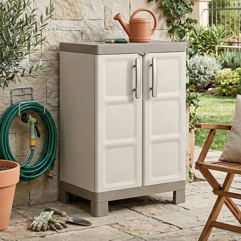 Dmora - Armario exterior Strathmore, Mueble para exteriores, Mueble de jardín multiusos, Contenedor para balcón o garaje, Made in Italy, 65x45 h97 cm, Arena (1/4)