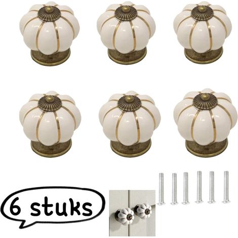 Lot de 6 poignées de meuble en céramique en forme de citrouille avec vis de 22 mm pour tiroirs portes de placard cuisine chambre d'enfant et dressing couleur blanche (1/5)