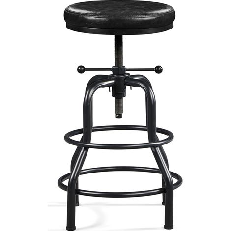 Homevive Taburete de Bar Industrial de Piel sintética Taburete Alto Redondo Ajustable en Altura con Dos reposapiés, Silla de Cocina con Marco de Metal para Cocina, Restaurante Bistrot Negro