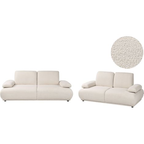 Ensemble de Canapés 3 + 2 Places Bouclé avec Accoudoirs et Dossier Réglables Pieds en Bois Meuble Salon Moderne Blanc Cassé Nacka