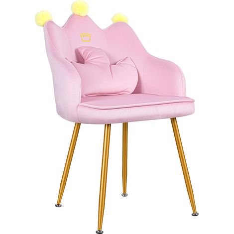 WILITTO  Chaise de Coiffeuse Couronne en Peluche Rose - Confortable, Ergonomique, pour Chambre et Salle à Manger, Pieds en Métal Doré, avec Coussin de Dos (1/5)