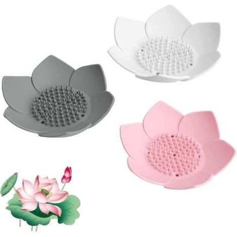 Porte-savon 3 pièces, porte-savon en silicone Lotus, boîte à savon confort, pour salle de bain, cuisine, douche, blanchisserie ou vestiaire (trois couleurs) (1/5)