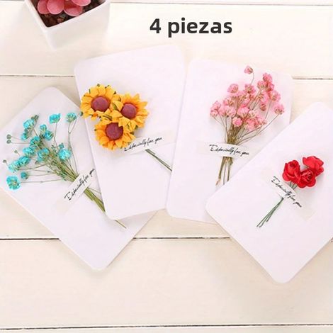 Carte de vœux rétro de 4 pièces avec fleurs séchées pour bricolage (DIY), remerciement, anniversaire, créative, non personnalisée (1/4)