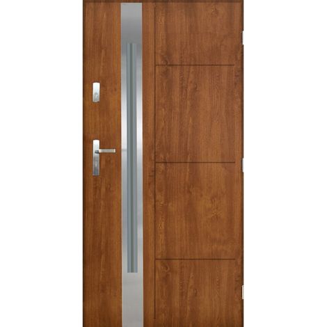 Porte d'entrée SOLEA 90 cm en acier inoxydable en plusieurs couleurs - Couleur: Chêne doré - Poignée et serrure : Avec - Poussant: Droit