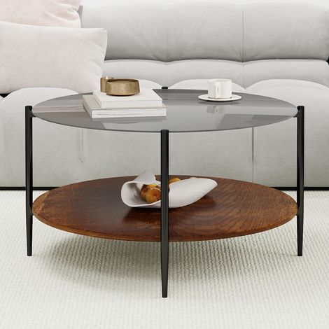 Mesa de centro redonda 82x82x45 cm negra y madera con cristal templado ahumado de 2 niveles (1/5)