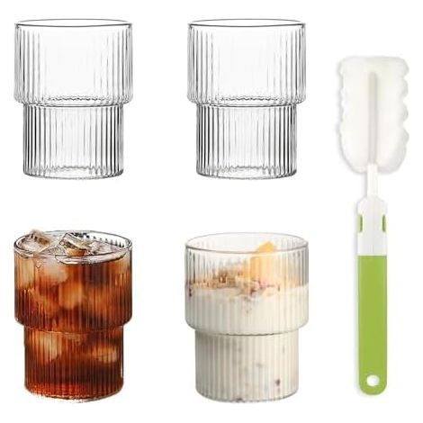 Lot de 4 Verres à Café Nervurés, Verres à Boire 300ML, Tasses à Café Glacé Claires avec Brosse Éponge, Verres Empilables pour Cocktails, Whisky, Thé, Soda, Café (1/5)