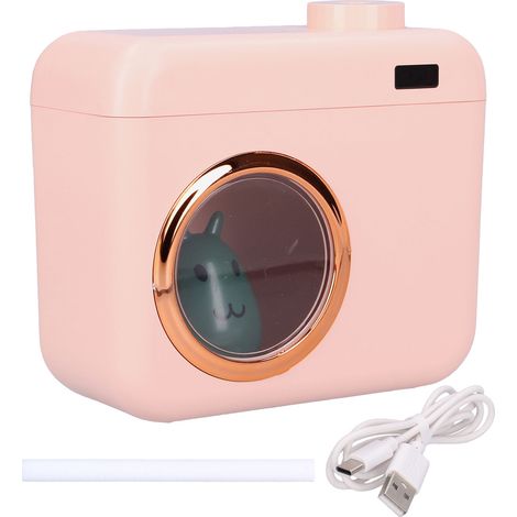 Tragbarer, pinkfarbener Luftbefeuchter in Kameraform mit Umgebungslicht und geräuschlosem USB-Ladeanschluss für Zuhause (1/5)