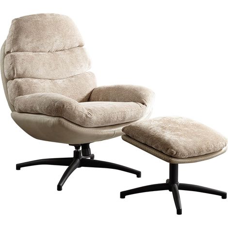 Altobuy – Fauteuil pivotant bi-matière beige avec repose-pieds – Structure en bois massif – Assise ressorts – Hauteur d'assise 48 cm – Dimensions 80x85xH103 cm (1/5)