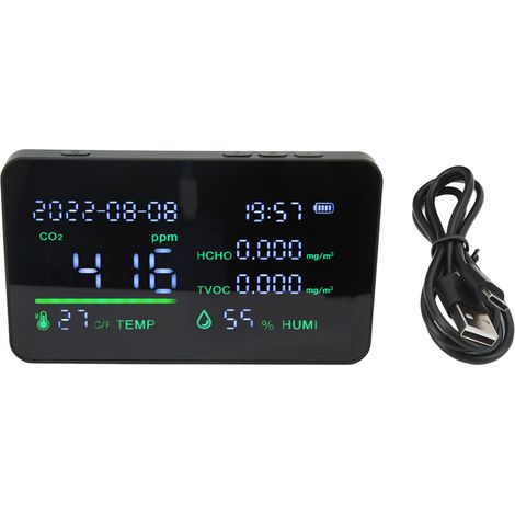 Détecteur de CO2, moniteur de qualité d'air, capteur de dioxyde de carbone HCHO, humidité et température, écran large, recharge USB, modèle infrarouge, noir (1/5)