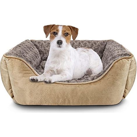 Panier rectangulaire lavable en peluche avec fond antidérapant pour chien, taille S, camel (1/5)