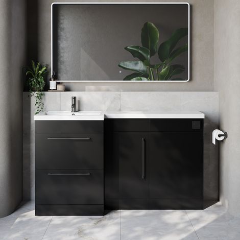 Napoli 390 Matt Black 1500mm 2 Drawer Vanity Unit Toilet Suite with Left Hand Square Lucia Basin - 1500mm - Gunmetal Grey 320mm HandleWithout Kingston Toilet Pan