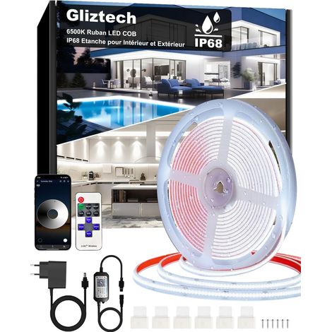 Ruban Led Cob Exterieur IP68, Bande LED Autocollante (6500K, 15M) Alimentation 24V Led Cob Application et Télécommande pour Avant Toit Jardin Terrasse Cuisine Salle de Bain (1/5)
