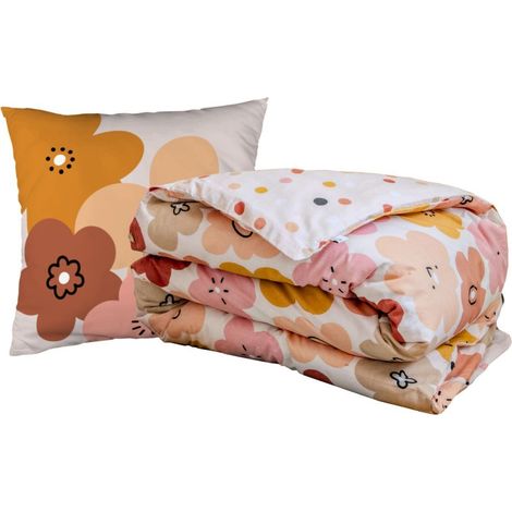 Parure de Lit Imprimé Floral Housse de Couette 140x200cm + 1 Taie d'Oreiller 63x63cm coton motif floral seventies - BARBAFLEUR