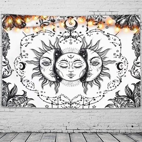 Tapisserie Soleil et Lune, Tapisserie Couverture de Plage Noire et Blanche pour Chambre/Dortoir