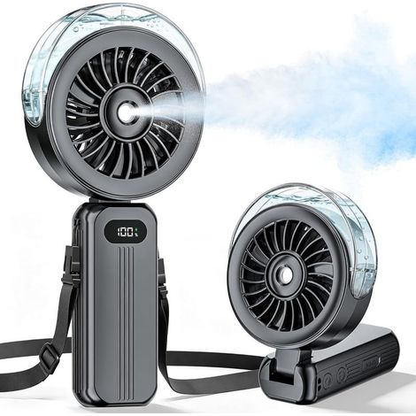Mini Ventilateur Brumisateur Portable - Petit Ventilateur USB Rechargeable Puissant, 6000mAh 3-en-1 Fan Poche de Bureau, Main ou Cou avec 4 Vitesses & Ecran LED, pour Extérieur, Voyage (Noir)