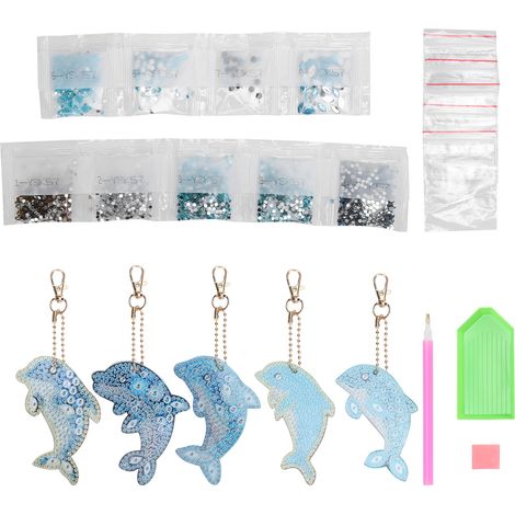 5Pcs Dolphin Diamond Painting Keychain DIY 5D Cartoon Pendant Stylish Kit Craft Supplies (1/5)