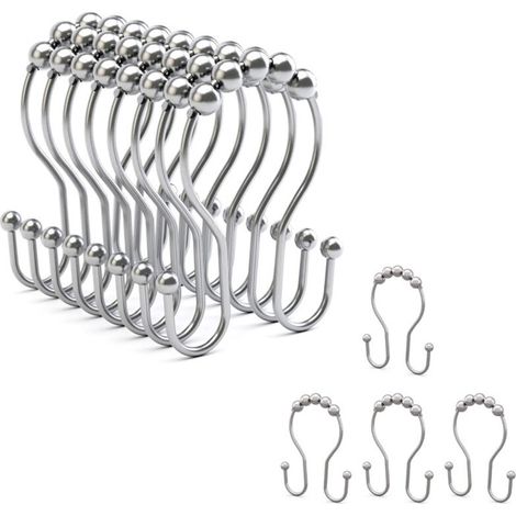 Crochets de rideau de douche, anneaux de rideau de douche, crochets doubles, 12 pièces (argent) (1/5)