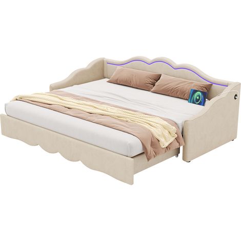 Lit daybed 90x200 cm extensible 180 cm avec LED et USB,velours beige