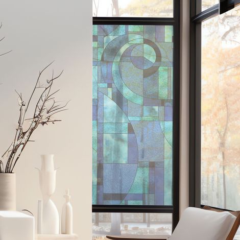 Stickers décoratifs électrostatique, spirale, bleu, géométrique, raccordable, effet vitrail, 150 cm X 67,5 cm (1/2)
