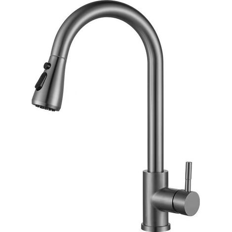 Cross-border 304 Stainless Steel Pull-out Kitchen Faucet, Brushed Gold Hot and Cold Water Faucet, Lead-free Sink and Dishwasher Faucet - Gunmetal Gray [One-button Stop and Pull-out Head]