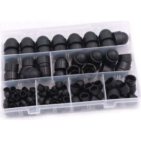 145-teiliges Set mit Schutzkappen für Schrauben und Muttern, Hutmuttern-Set, Schutzkappen für Hutmuttern, 6 Größen M4 M5 M6 M8 M10 M12 mit Box für Maschinen, Möbel und Fahrzeuge (Schwarz) (1/4)