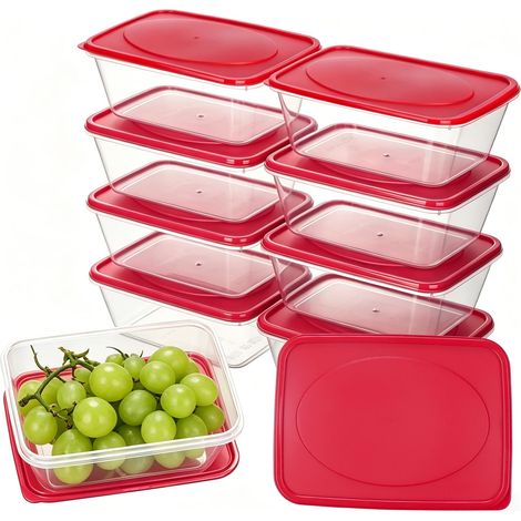 10 Pièces 520ml Boîte Alimentaires Plastique, Réutilisables Boite Congelation Alimentaire, Boîtes Hermetique Stockage Aliments pour Congélateur, Micro-ondes, Lave-vaisselle, sans BPA(Rouge) (1/5)
