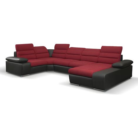 Canapé d'angle panoramique convertible en tissu et simili BOILEAU - Bicolore Rouge/Noir - Angle droit (1/5)