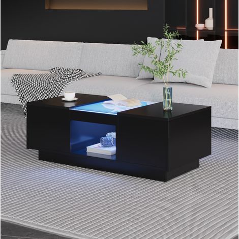 Couchtisch schwarz 100 x 50 x 35,5 cm mit LED, 2 Schubladen und offenem Fach HAVRYA (1/5)