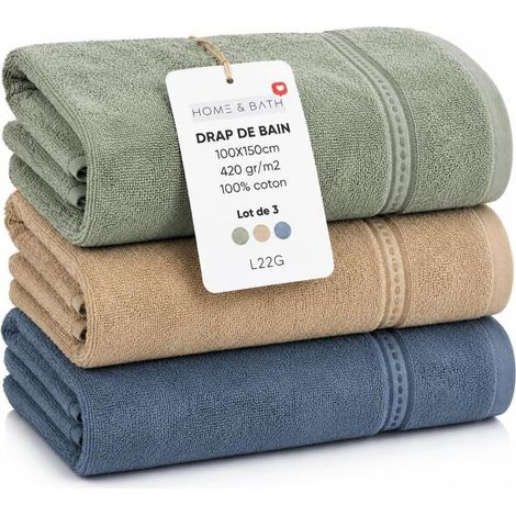 L22G Lot de 3 Maxi Draps de Bain Beige Clair 84 x 160 cm – 100% Coton – 580 g/m² – Grandes Serviettes de Bain Ultra Absorbantes– (1/5)
