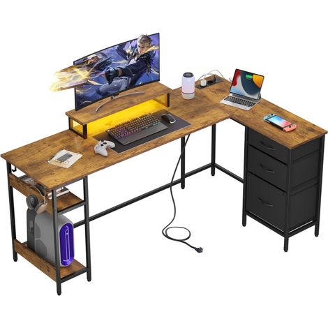 Bureau d'angle DEVAISE L vintage brun 123x80 cm avec 3 tiroirs USB et support écran pour un bureau à domicile spacieux (1/5)