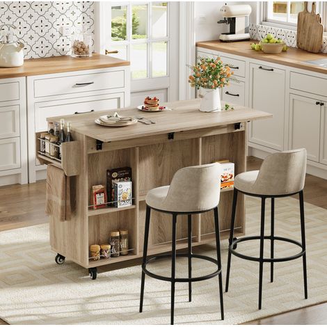 Îlot de cuisine 120x43.5x92.9 cm naturel en MDF avec plateau rabattable, rangements et roulettes (1/5)