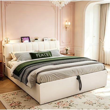 Lit coffre 180 x 200 cm hydraulique avec rangement tête de lit, USB et prise OKMYHOME (1/5)