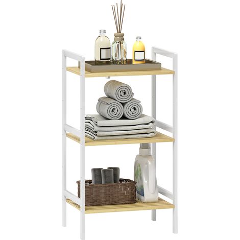 HOMCOM 3-Tier Bamboo Bathroom Storage Shelf with Adjustable Rack, White (1/5)