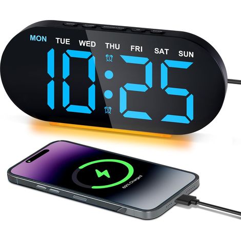 Réveil Digital pour Dormeurs Profonds, Grand Écran LED 7 Pouces Veilleuse, 3 Niveaux de Luminosité, Fonction Snooze, Chargeur USB, Date, Semaine, Température, Double Alarme (1/5)