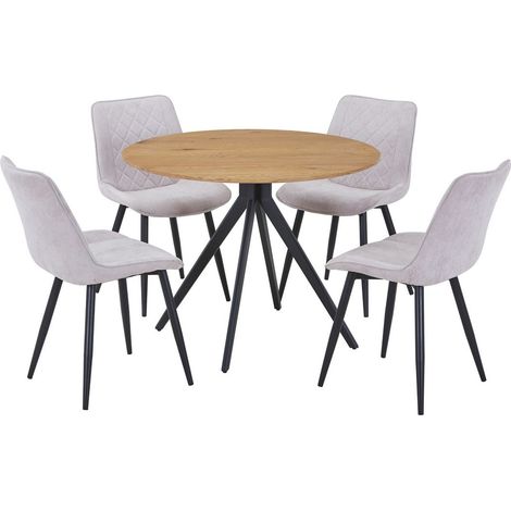 Aspen Light Oak Round Table & 4 Natural Fabric Chair Set - MDF/Metal - L54 x W53.5 x H85.5 cm