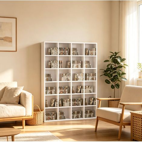Mueble de almacenaje CD/DVD abierto con varios compartimentos, blanco, 89 x 20 x 130,5 cm HAVRYA (1/5)