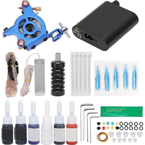 Kit de tatouage complet, kit professionnel avec machine à tatouer, bobines, 6 aiguilles à encre et œillets, idéal pour débutant (prise 90-265VUS). (1/5)