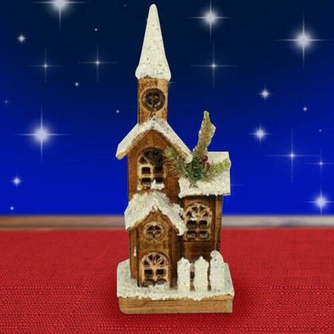 TrAdE Shop Traesio - Campanile Legno Innevato Con Luci Gialle Altezza 41 Cm Decorazioni Natalizie - (1/2)