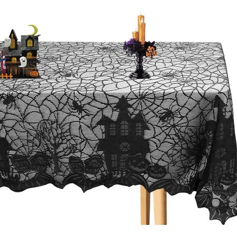 Mantel de Halloween, 135 x 175 cm, de encaje negro, con estampado de telaraña y castillo de casa encantada. (1/5)