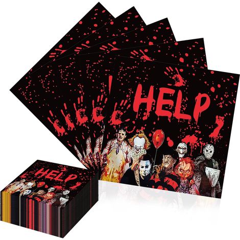 Lot de 24 serviettes de table d'Halloween - Fournitures de fête - Rouge et blanc - Décoration de fête - imprimés à la main - Thème horreur - Décoration d'anniversaire (1/5)