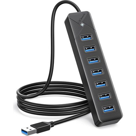Hub USB 3.0, 7 Ports Adaptateurpour USB Adaptateur 5Gbps, avec Port d'alimentation 5V/3A, Compatible avec MacBook, PS4, Surface Pro, Flash Drive, Mobile HDD,(Câble Noir 50cm) (1/5)