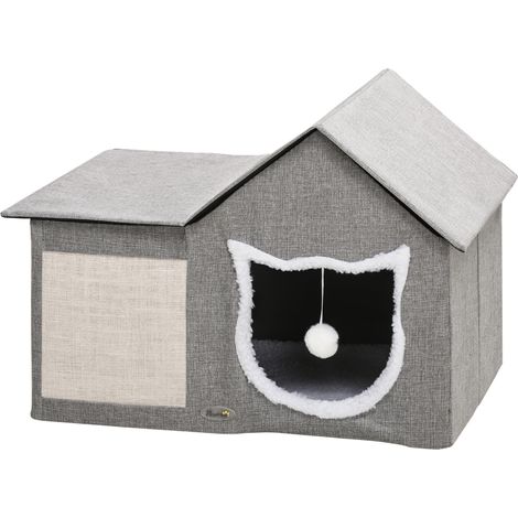 Maison pour chat avec griffoir, balle de jeu et niche incluses, 65 cm x 41 cm x 45,5 cm (H), marron, blanc et beige (1/5)
