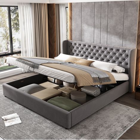CHICFURN Cama 160x200 cm de terciopelo gris con almacenaje hidráulico y somier de láminas (1/5)