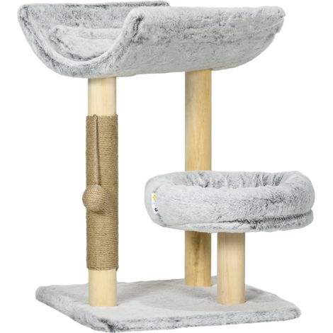 Arbre à chat compact stable 40 x 40 x 60 cm niche avec coussin lavable jeu de jute style scandinave en bois gris clair (1/4)