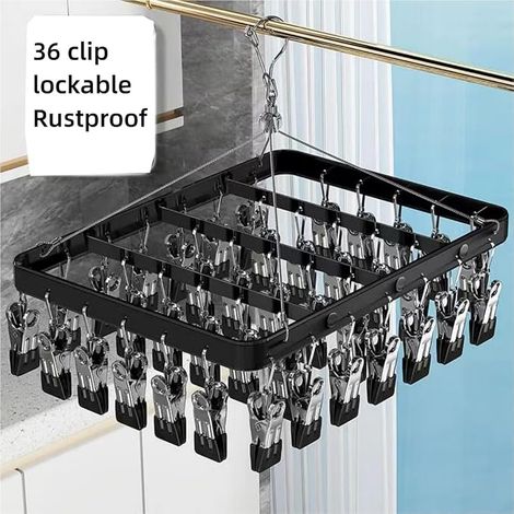Wäscheständer aus Metall mit 36 Klammern, windfesten Haken und faltbaren Wäscheklammern für Socken, BHs und Unterwäsche (schwarz). (1/4)