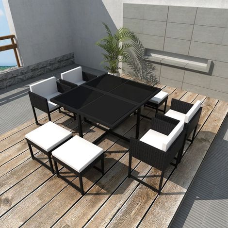 Vidaxl – Ensemble de salle à manger 9 pièces en rotin synthétique – 8 places – Table avec verre trempé – Coussins amovibles et lavables – Noir
