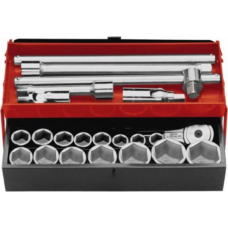 Facom – Coffret cliquet 3/4' avec 10 douilles 6 pans métriques – Cardan universel et rallonges inclus – Boîte à outils métallique 2 cases