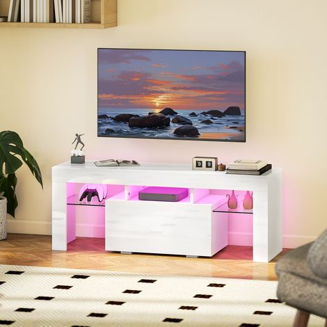 Meuble TV, meuble télé avec éclairage LED RGB, haute brillance, étagères en verre trempé, 120x34x45cm, blanc